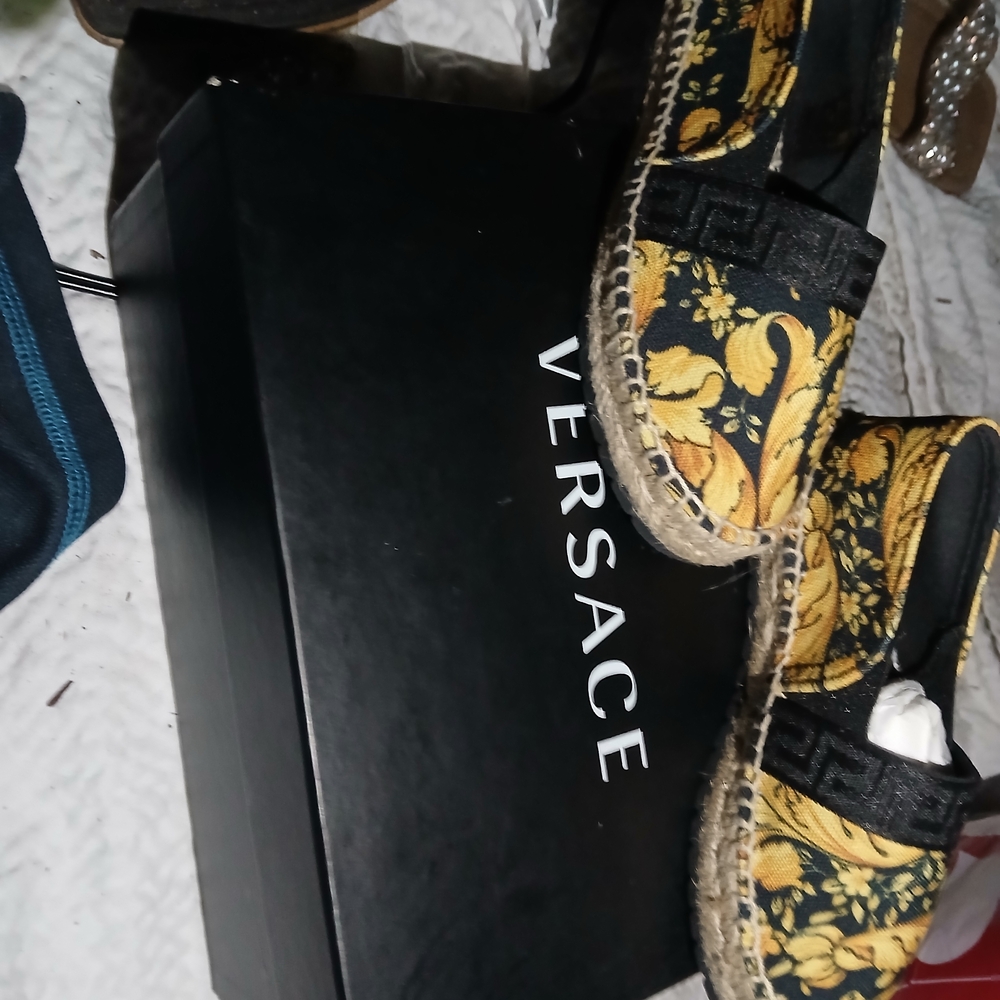 Versace Black and Gold Patterned Espadrilles